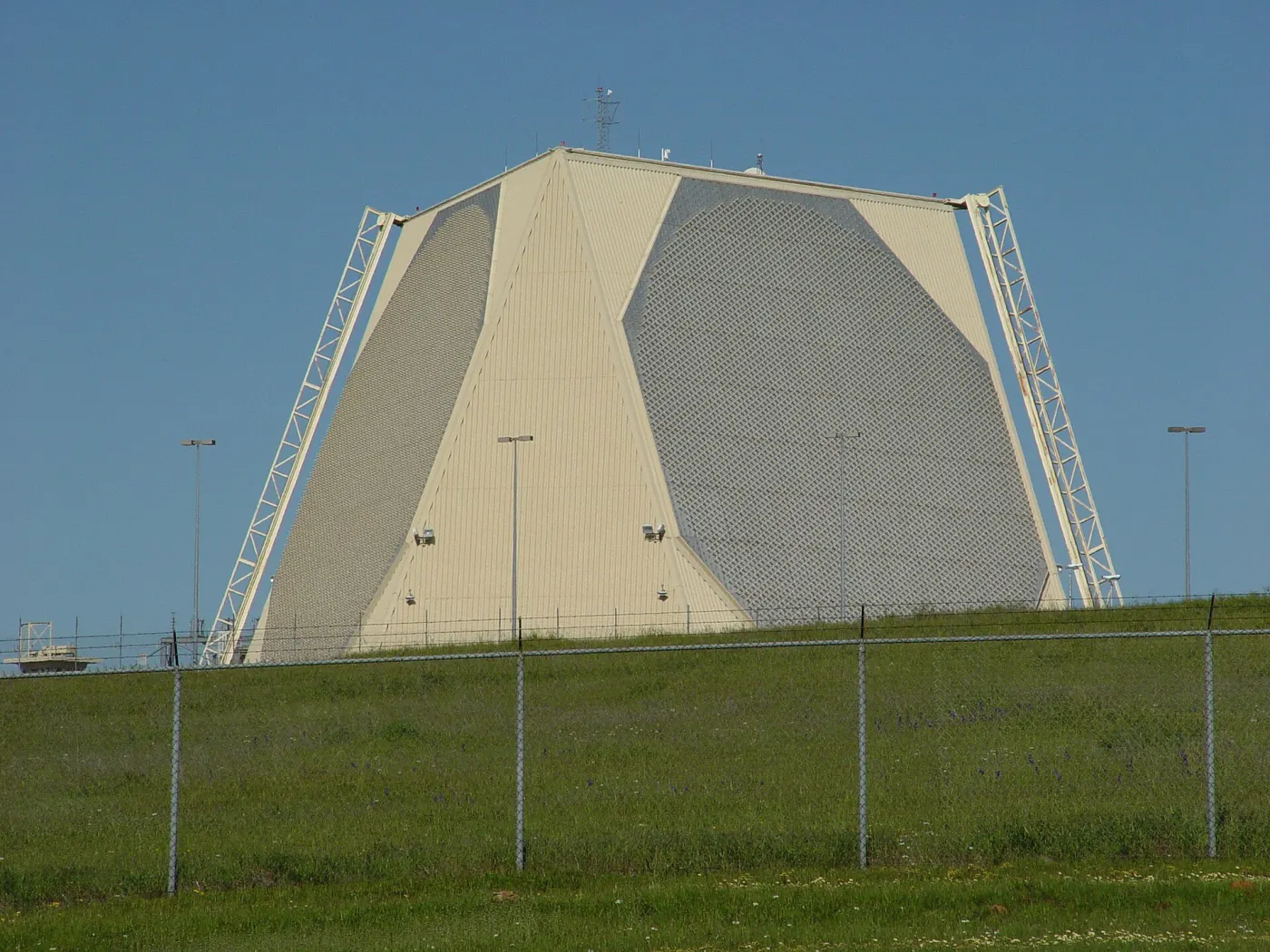 A PAVE PAWS radar at Beale, a tall pyramid-shaped building with two round antenna faces