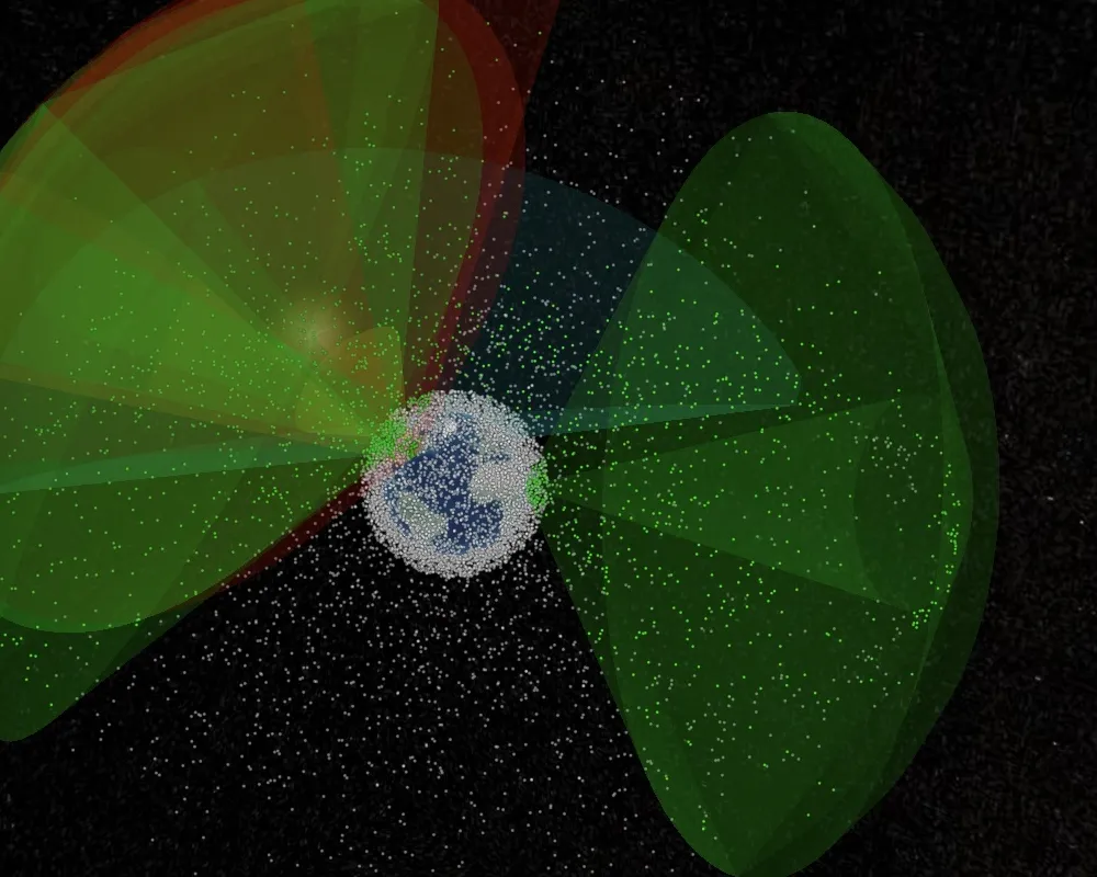 Globe surrounded by the translucent green and red fields of view of nine ground sensors, with tracked objects shown as dots